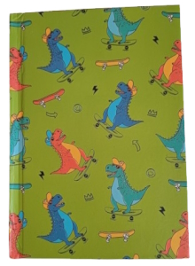 Notebook with skateboarding dinosaurs on the cover